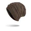 Deep brown winter beanie hat with wave knit pattern and warm thermal fleece lining - Khaki