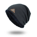 Bonnet en tricot gris foncé doublé polaire avec écusson en cuir motif flocon de neige - Gris