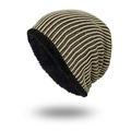 Winter striped knit beanie in cream and dark brown with warm black fleece lining - Khaki