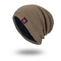Men's brown knitted beanie with warm fleece lining and a red star emblem detail - Khaki
