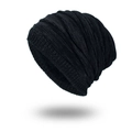 Men's winter knit beanie in dark black AB yarn with warm fleece lining and spiral texture - Black