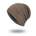 Deep brown knitted beanie hat with warm fleece lining and textured square pattern - Khaki