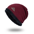 Winter wine red cable knit beanie with warm black fleece lining and snowflake leather patch - Burgundy