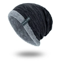 Bonnet en tricot gris foncé pour l'hiver avec doublure polaire et étiquette latérale - Noir
