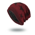 Winter knitted star pattern beanie in burgundy with warm black fleece lining inside - Burgundy