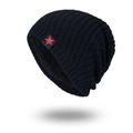 Men's black knitted beanie with red star patch and warm fleece lining for winter - Black