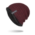 Winter knit beanie hat featuring red and black checkerboard pattern and warm fleece lining - Burgundy