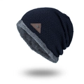 Bonnet en tricot bleu marine avec doublure polaire grise et écusson en cuir flocon - Bleu Marine