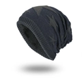 Men's winter knit beanie in navy blue with a large star pattern and fleece lining - Navy Blue