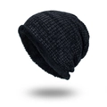 Winter chunky knit beanie in dark gray marl with a thick warm black fleece lining - Black