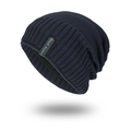 Winter navy blue ribbed knit beanie with Black Humor woven label and warm fleece lining - Navy Blue
