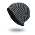 Winter thermal knit beanie in dark grey and black stripes with warm fleece lining - Gray