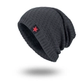 Dark grey knitted beanie with red star patch and warm fleece lining for men - Gray