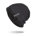 Men's dark gray knit beanie with warm black fleece lining and Black Humor woven label - Navy Blue