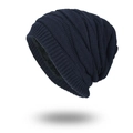 Winter navy blue knitted beanie hat with warm fleece lining and thick ribbed texture - Navy Blue