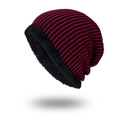 Winter knit beanie with red and black stripes featuring thick faux fleece lining - Burgundy