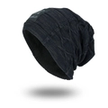 Men's dark blue cable knit beanie with warm fleece lining and leather label - Navy Blue