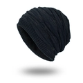 Winter thermal knit beanie hat in dark blue with thick wave pattern and warm fleece lining - Navy Blue