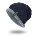 Winter knit beanie in navy blue with grey fleece lining and Black Humor label - Navy Blue