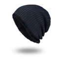 Dark blue winter beanie hat with thick fleece lining and striped knit texture - Navy Blue