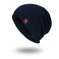 Men's navy blue knitted beanie with thermal fleece lining and red star patch - Navy Blue
