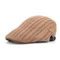 Detail view of khaki cable knit beret cap featuring adjustable metal buckle and warm texture - Khaki