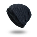 Winter knit beanie in dark blue marl yarn with thick black fleece lining for warmth - Navy Blue