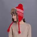 Winter red knitted earflap hat with large pom-pom and brown faux fur lining detail - Red