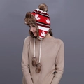 Winter knit maple leaf trapper hat with white patterns and plush faux fur trim - White