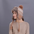 Brown knitted trapper hat with white triangle pattern and grey faux fur lining for women - Khaki