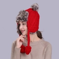 Red knit earflap hat with thick faux fur lining and double pompoms for winter warmth - Red