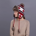 Winter knit trapper hat with maple leaf pattern, faux fur lining and red pompoms - Red
