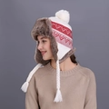 Winter white knit trapper hat with red patterns and plush brown faux fur lining - White
