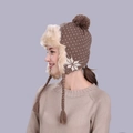 Brown winter knit earflap hat with snowflake pattern and plush faux fur lining - Khaki