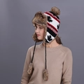 Winter earflap trapper hat with maple leaf knit patterns and brown faux fur trim - Black