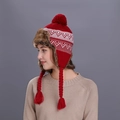 Red knit earflap hat with white jacquard pattern and plush faux fur lining for winter - Burgundy