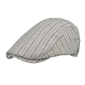 Close-up of light grey striped newsboy cap with classic metal logo detail on the side - Grey & Black