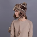 Winter earflap knit hat with maple leaf pattern and faux fur lining in coffee brown - Coffee