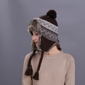 Brown knit trapper hat with white geometric patterns and cozy grey faux fur lining - Coffee