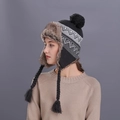 Black knit earflap winter hat with white geometric pattern and brown faux fur lining - Dark Gray
