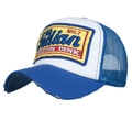 Casquette trucker vintage bleue et blanche avec broderie jaune et visière usée - Bleu