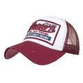 Vintage burgundy and white mesh trucker hat with distressed brim and embroidered patch - Burgundy