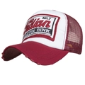 Distressed vintage trucker hat in burgundy and white with classic mesh and letter patch - Burgundy