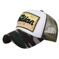Distressed camo trucker hat with letter embroidery and breathable mesh panels - Camouflage