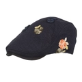 Navy blue newsboy hat with waffle texture and 3D floral embroidery detail - Navy Blue