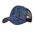 Schwarze Mesh Trucker Cap mit bunten schillernden Strasssteinen und gebogenem Visier - Blau