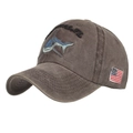 Vintage brown-grey washed cotton baseball cap with blue shark embroidery and side flag - Coffee