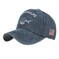 Dark blue washed denim baseball cap with shark embroidery and US flag patch - Navy Blue