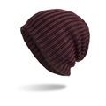 Winter striped slouchy beanie in burgundy and black ribbed knit for warm comfort - Burgundy