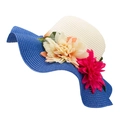 Women's woven straw sun hat with navy blue brim and pink sunflower decorative accents - Sapphire Blue